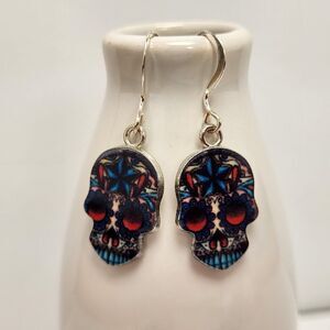 Sugar Skull Earrings on Sterling Silver French Earwires Blue Red E23